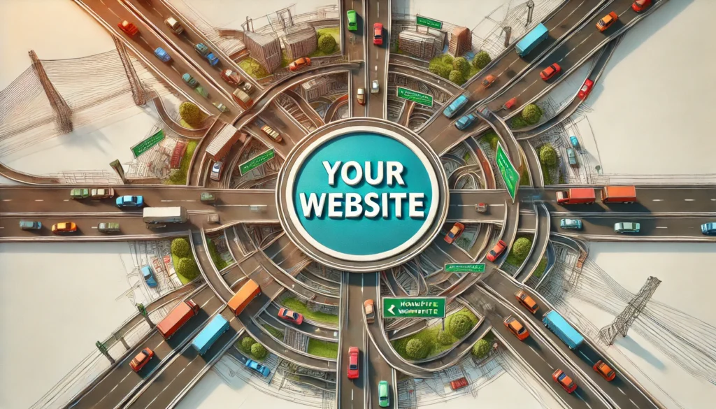 how important is content writing for seo? Very! each published article is like a highway to your website. Picture of cars driving towards the words "your website"