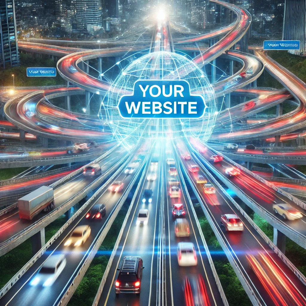 multiple cars are converging from different highways towards a central point that reads "Your Website." Representing the benefits of Professional SEO Copywriting Services