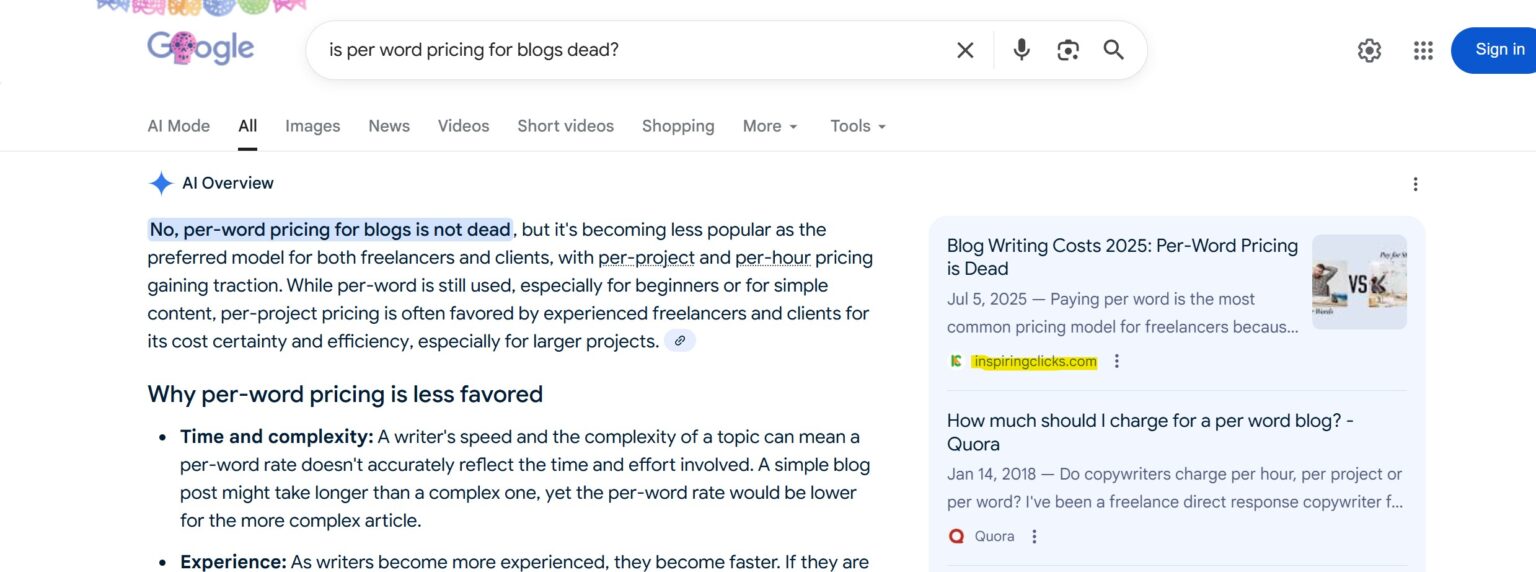 Screenshot showing InspiringClicks ranking in AI Overview for 'Is per word pricing for blogs dead'