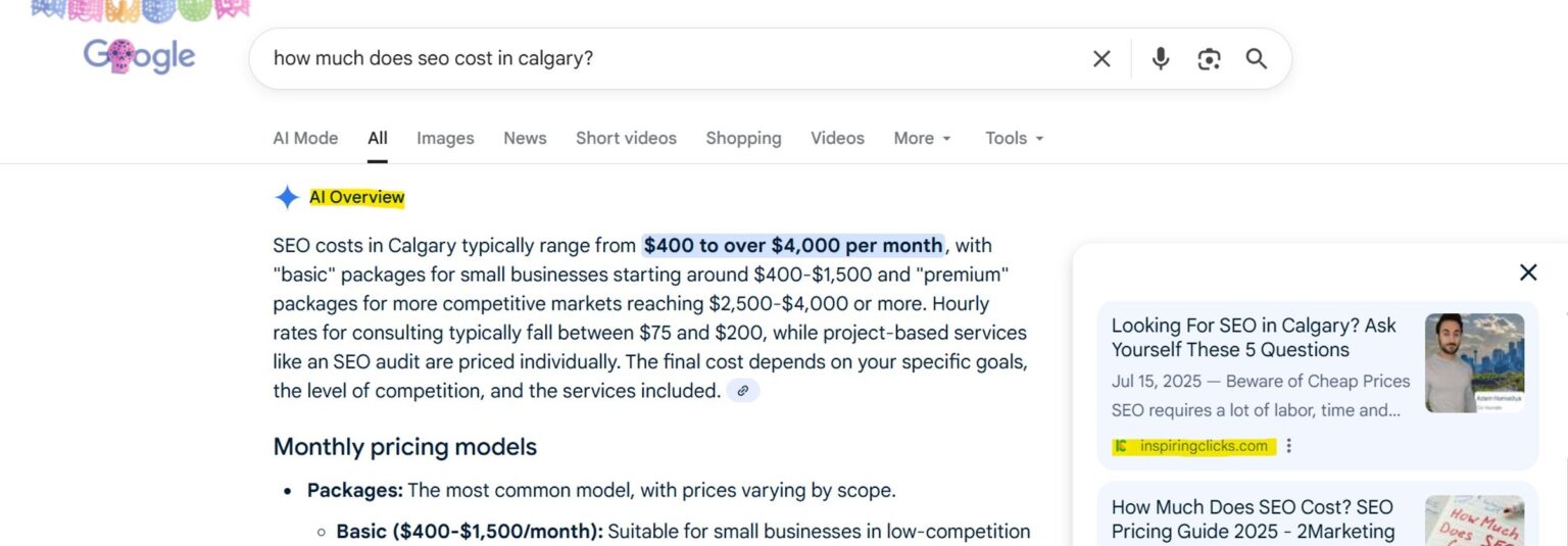 InspiringClicks ranking inside Google's AI Overview results
