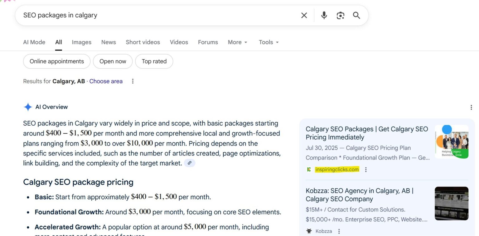 Screenshot of InspiringClicks ranking in AI Overview for 'SEO packages in Calgary'