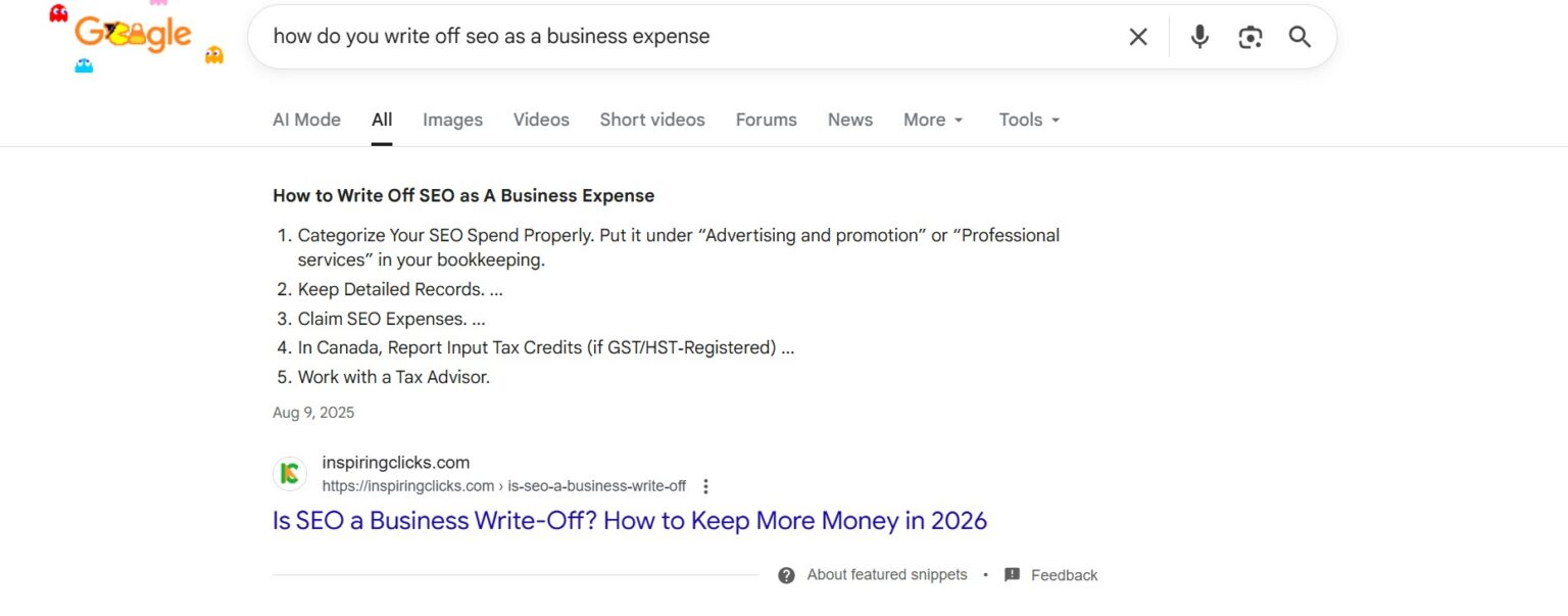 Featured snippet placement on Google achieved by InspiringClicks