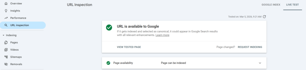 Google Search Console live test showing URL is available for index
