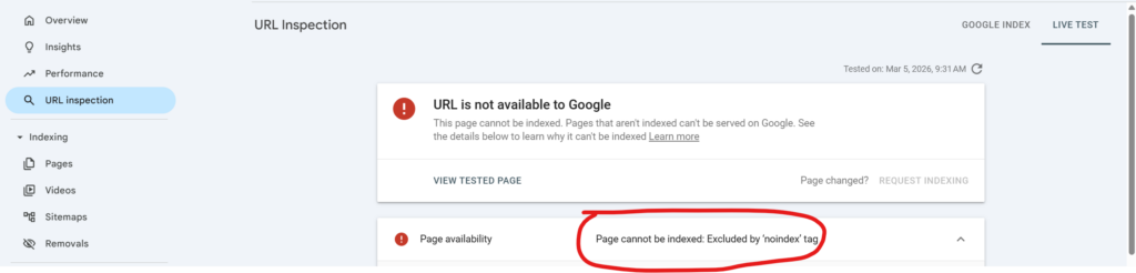Google Search Console live test showing URL is not available for index
