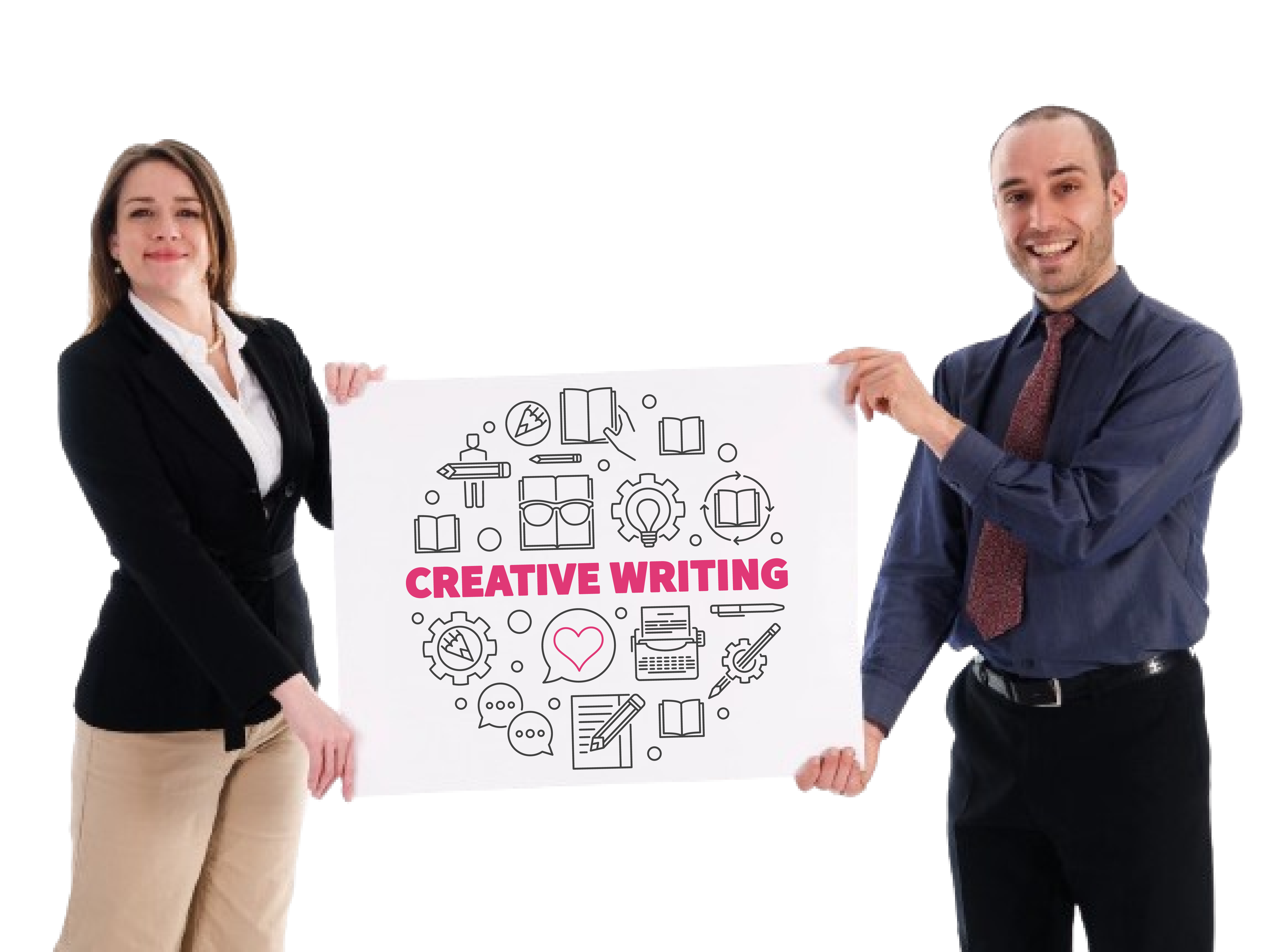 two happy team members holding up a creative writing services poster