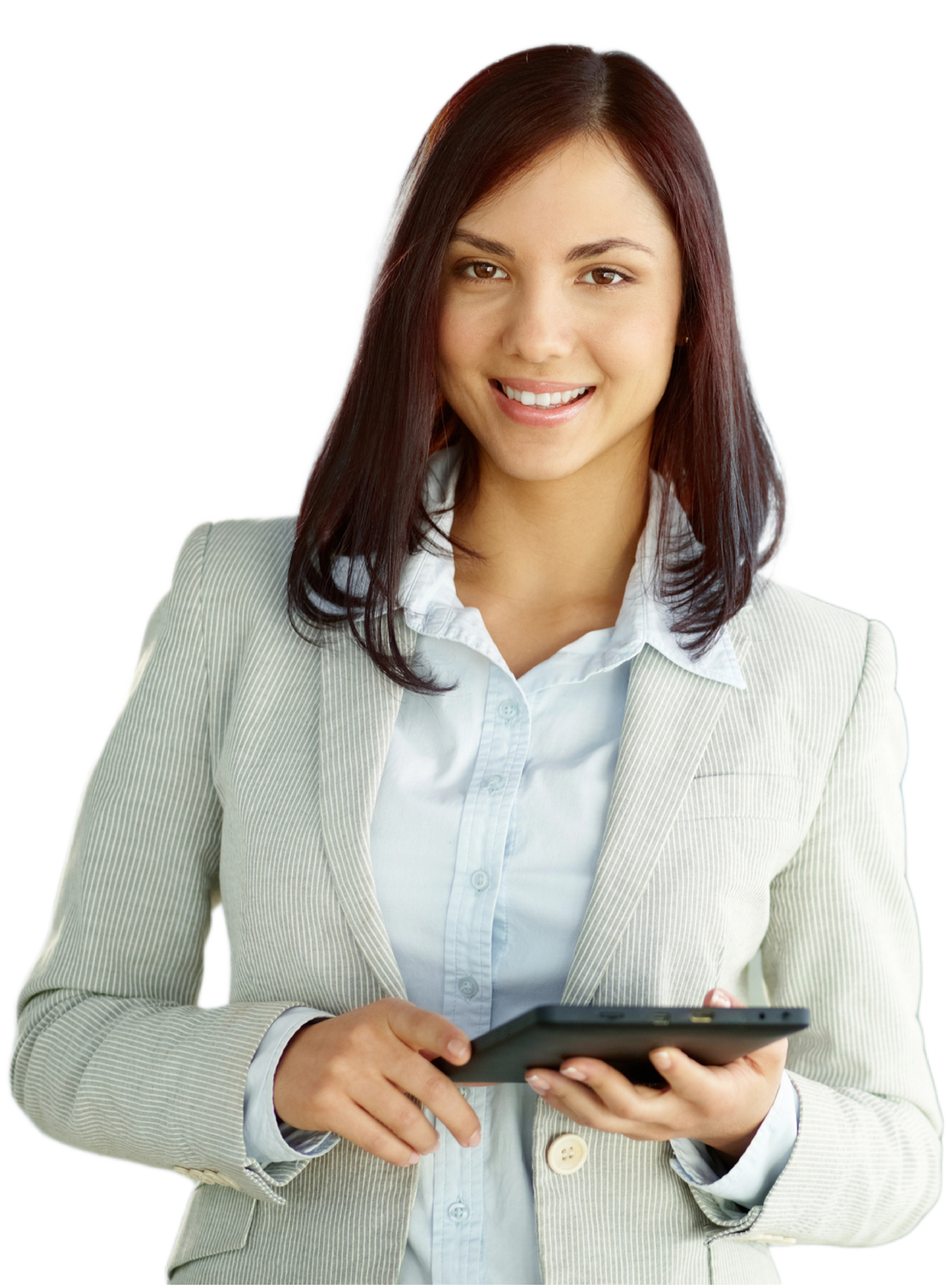 Creative writing services employee smiling and holding tablet.