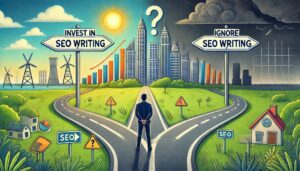 Professional SEO writing for Businesses. A businessperson at a fork in the road, one path labeled 'Invest in Good SEO Writing' leads to a thriving city, the other 'Ignore SEO Writing' to a barren landscape.