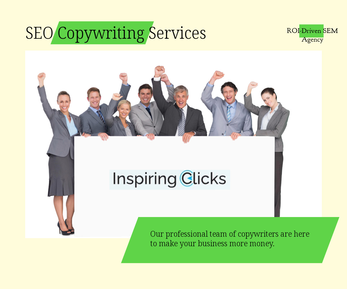 InspiringClicks team holding a copywriting versus content writing poster