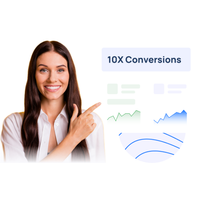 Professional smiling women pointing to an infographic showing increased conversions