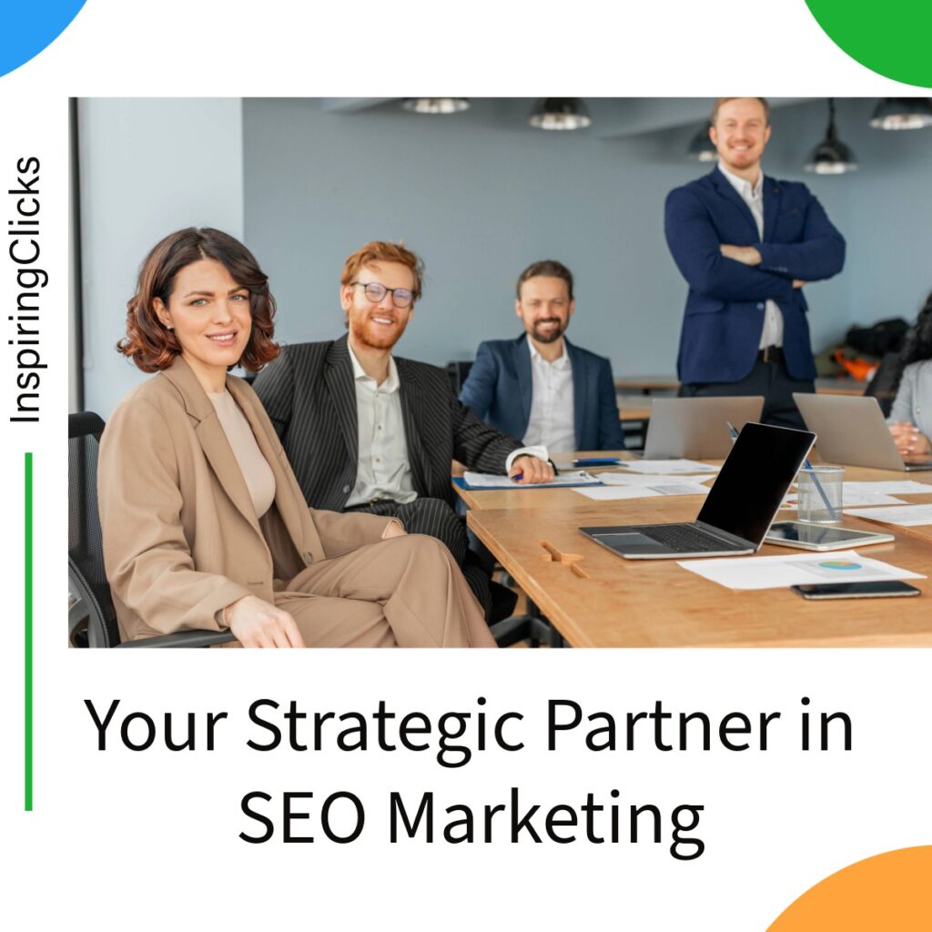 Professional team with text overlay 'your strategic partner in SEO marketing'