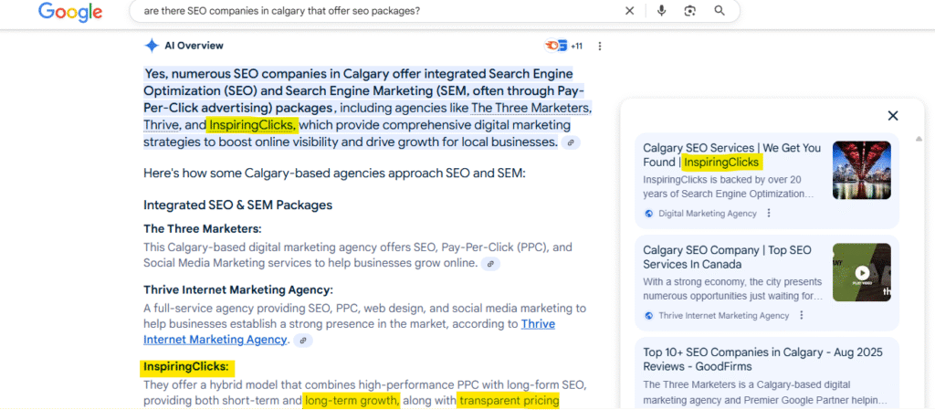 AI overview that features InspiringClicks in a citation