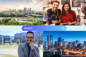 Mosaic of photos featuring Calgary landscapes and local business owners smiling