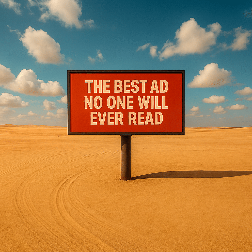 Ad sign in the middle of the desert that says "the best ad no one will ever read".