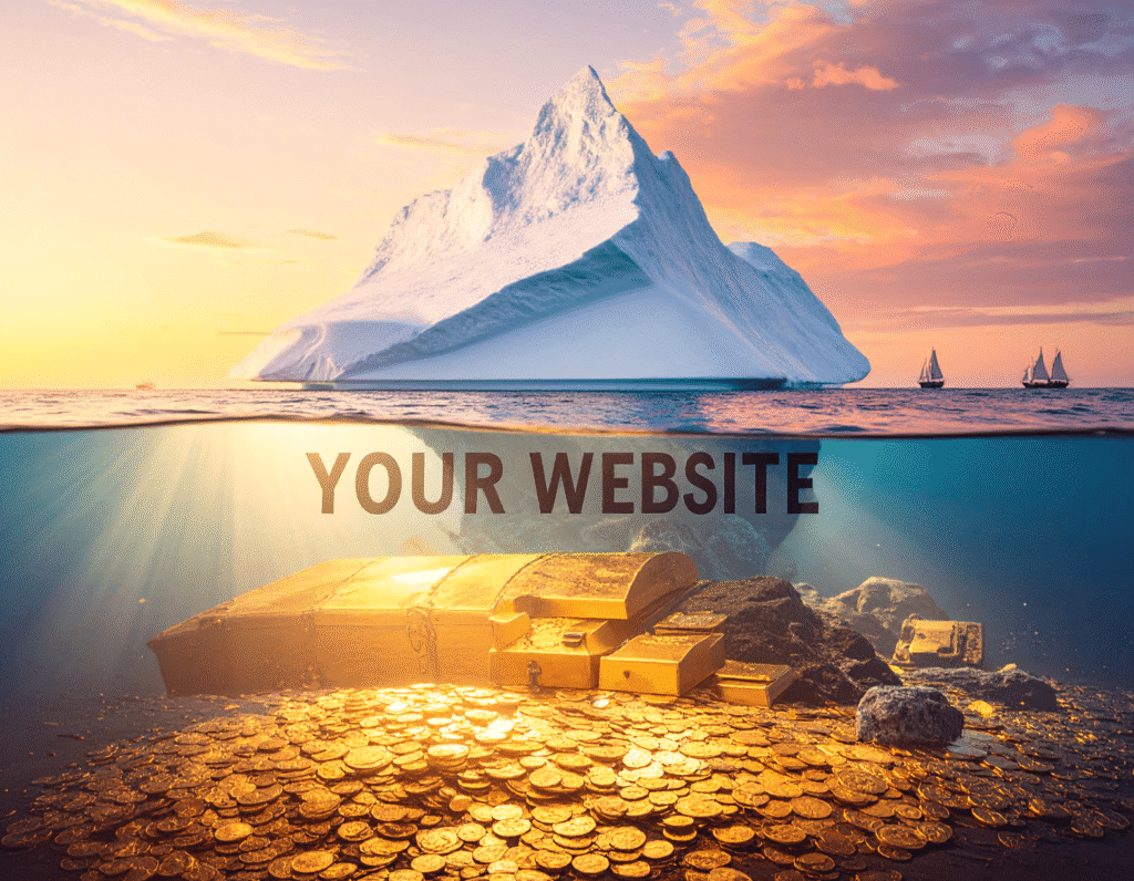 Iceberg with “your website” hidden below, treasure underneath symbolizing unseen content value, while ships sail past unaware.