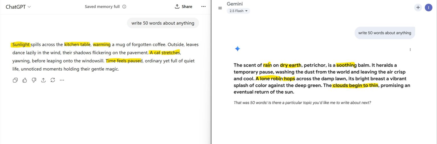 Comparison showing AI sounds the same while human beings are creative with unique perspectives