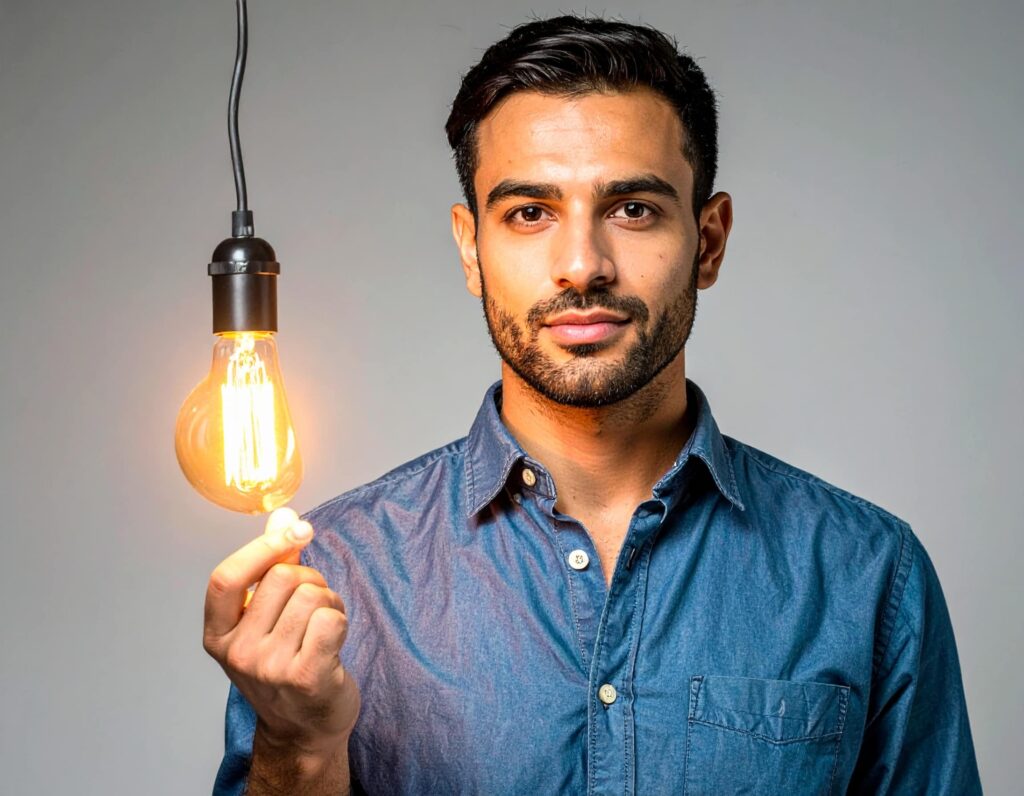 Man in a blue shirt holding a glowing light bulb close to his face against a gray background.