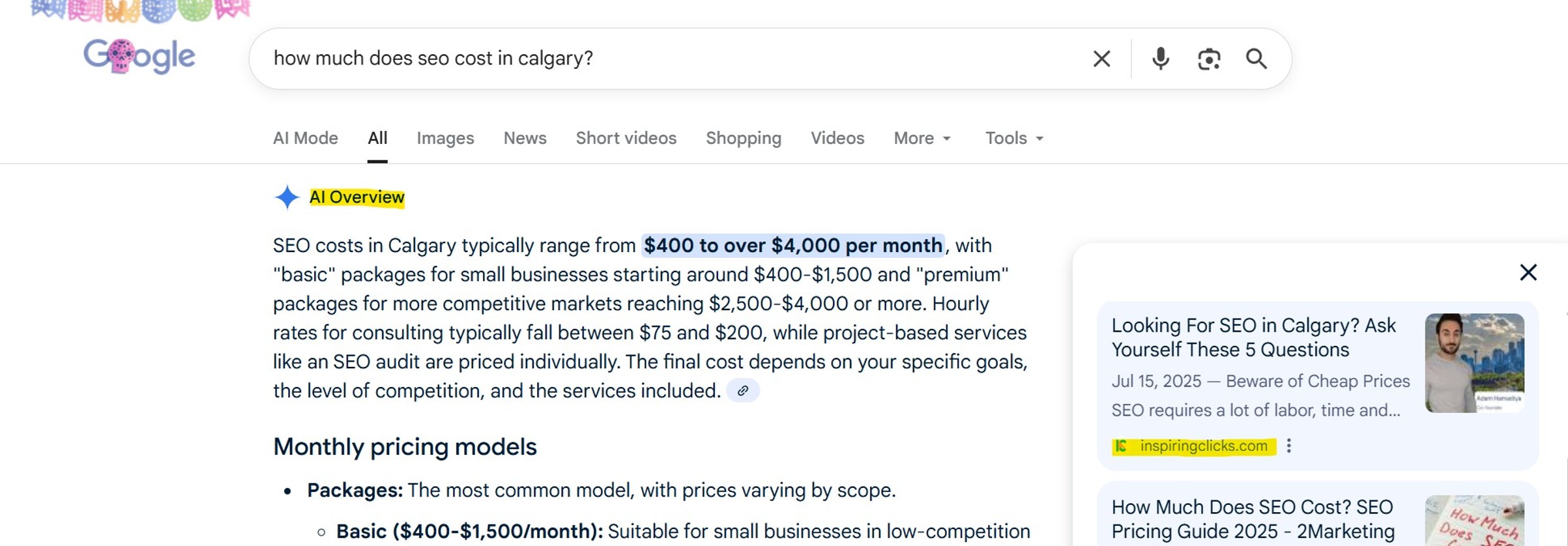 Google AI overview for SEO services pricing