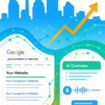 Calgary skyline with Calgary Tower and search ranking visualization showing website climbing above competitors in 2026 SEO results