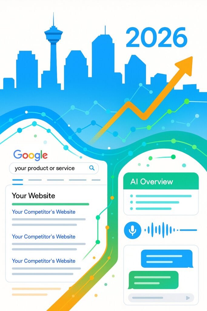 Calgary skyline with Calgary Tower and search ranking visualization showing website climbing above competitors in 2026 SEO results