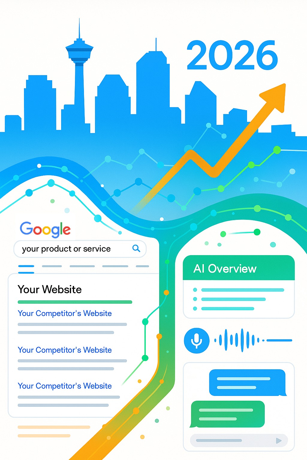 Calgary skyline with Calgary Tower and search ranking visualization showing website climbing above competitors in 2026 SEO results