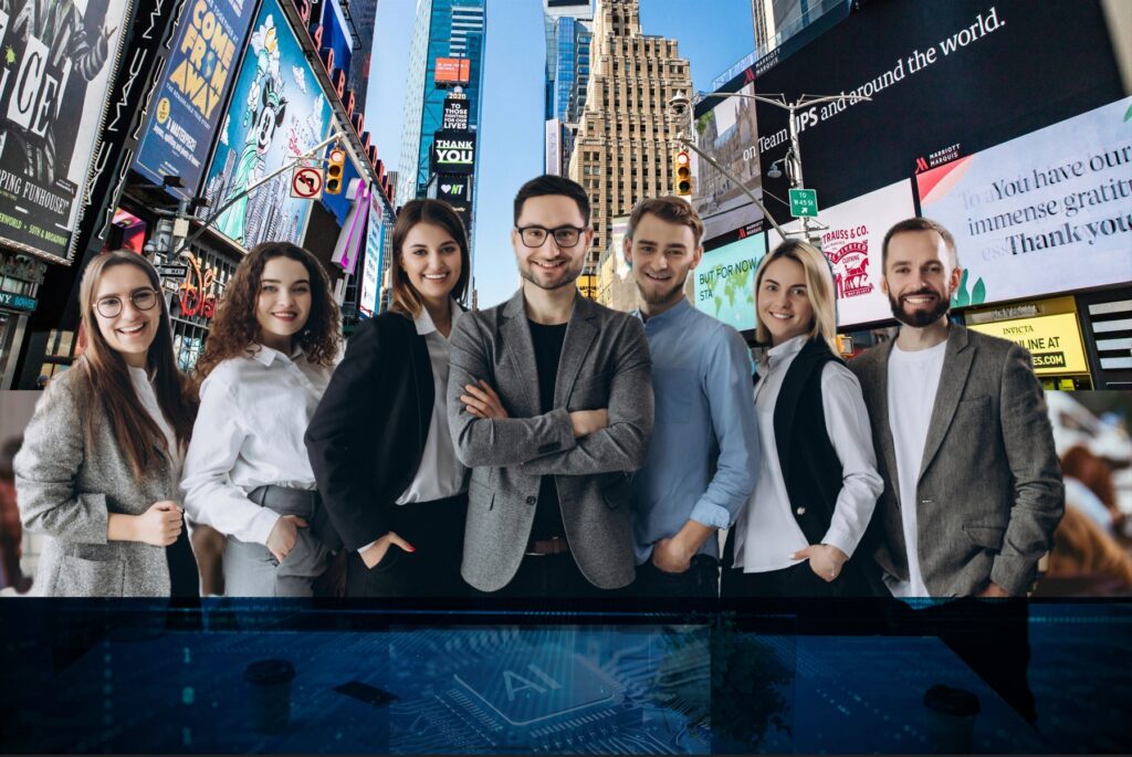 Group of seven smiling young professionals in business casual attire standing together in Times Square, New York City, with digital billboards and skyscrapers in the background and a blue tech-inspired overlay at the bottom
