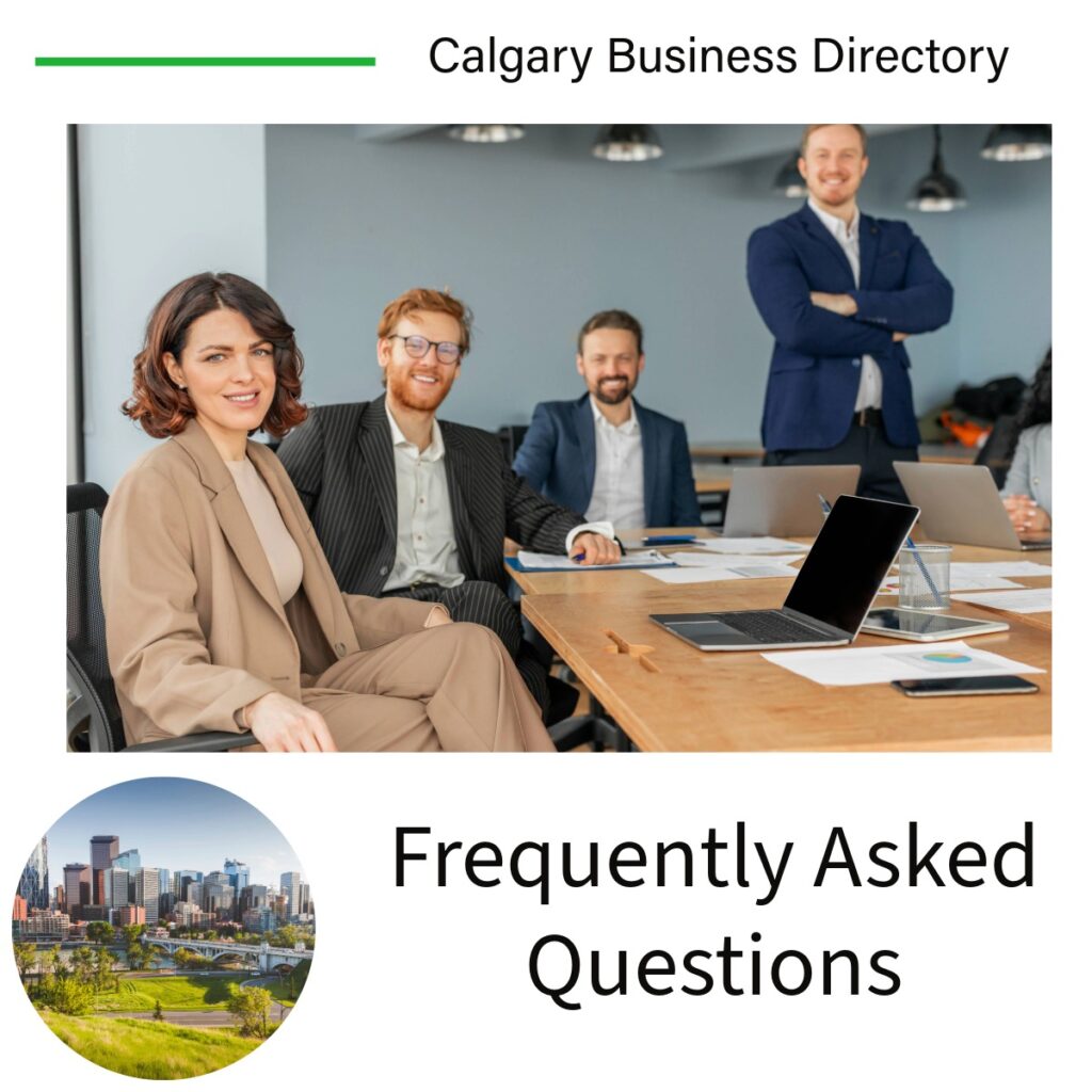 Group of business professionals sitting and standing around a conference table with laptops and papers, smiling toward the camera, shown above a circular Calgary skyline photo and the heading Calgary Business Directory Frequently Asked Questions