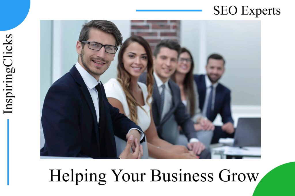 Image of professional team in office with headline 'SEO Experts' overhead, and 'Helping Your Business Grow' below.