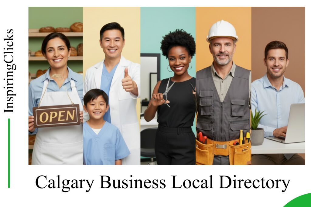 Five diverse Calgary business owners smiling — a baker holding an open sign, a dentist with a young patient, a hair stylist, a general contractor in a hard hat, and a professional at a laptop — with the words 'Calgary Businesses' underneath