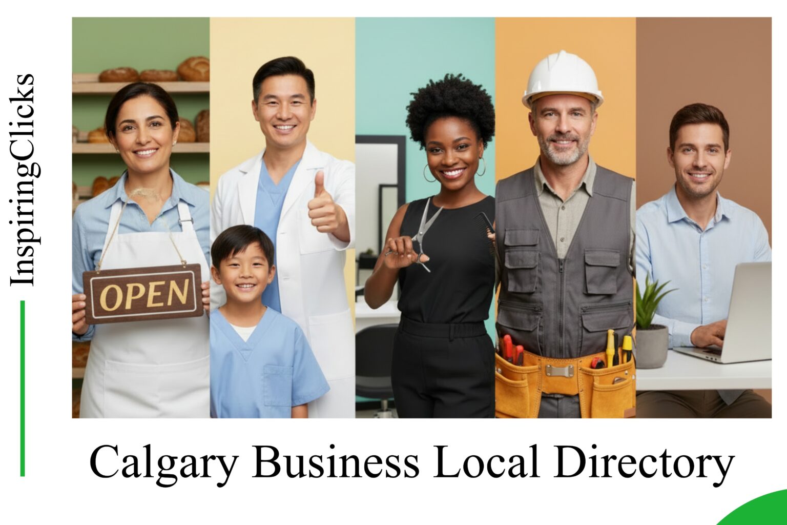 Five diverse Calgary business owners smiling - a baker holding an open sign, a dentist with a young patient, a hair stylist, a general contractor in a hard hat, and a professional at a laptop