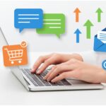 What is Copywriting? Why is it important? Featured image showing hands typing on a laptop with marketing icons including speech bubbles, shopping cart, email, and click cursor floating around, representing persuasive writing that drives conversions.