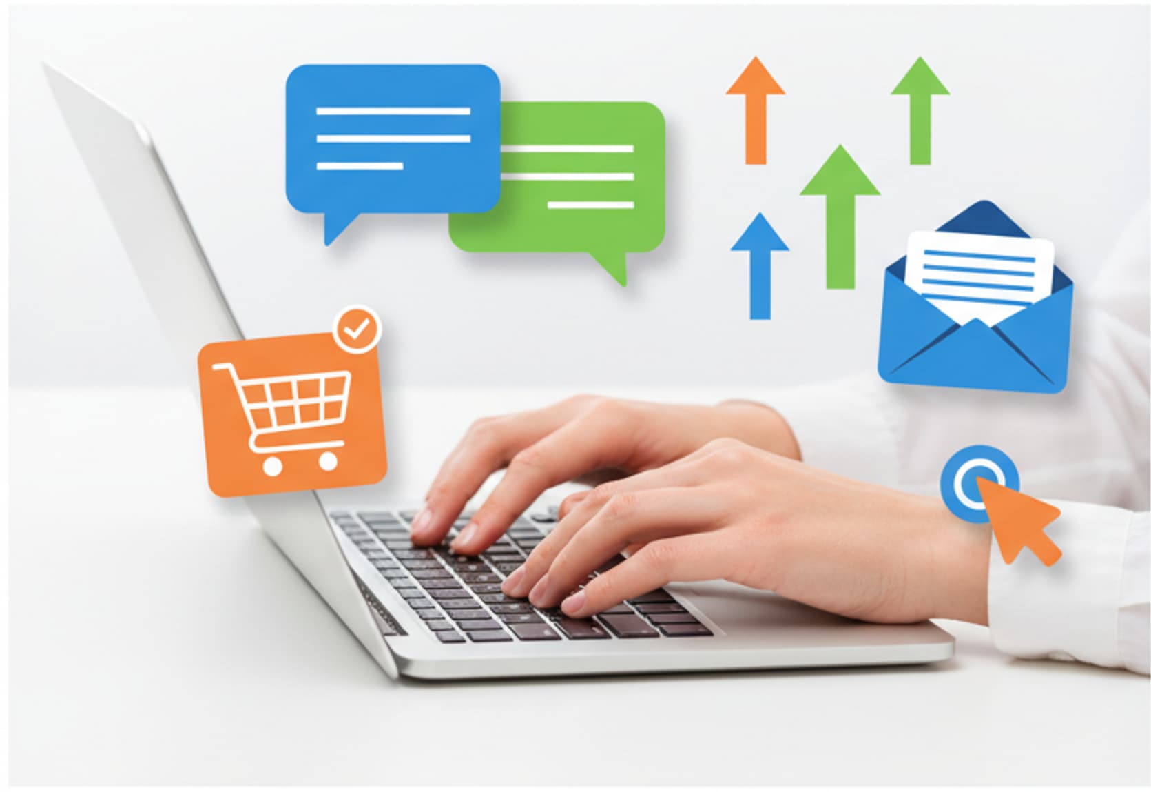 What is Copywriting? Why is it important? Featured image showing hands typing on a laptop with marketing icons including speech bubbles, shopping cart, email, and click cursor floating around, representing persuasive writing that drives conversions.