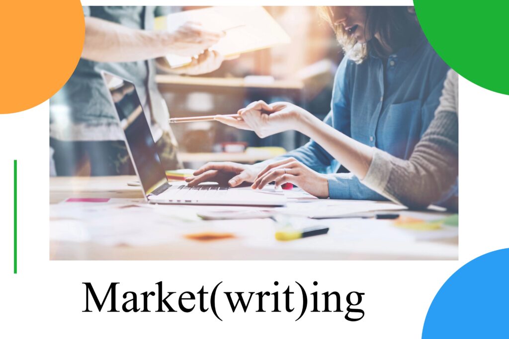 Market(writ)ing header with a writer typing on a laptop while a colleague reviews the draft in a collaborative workspace