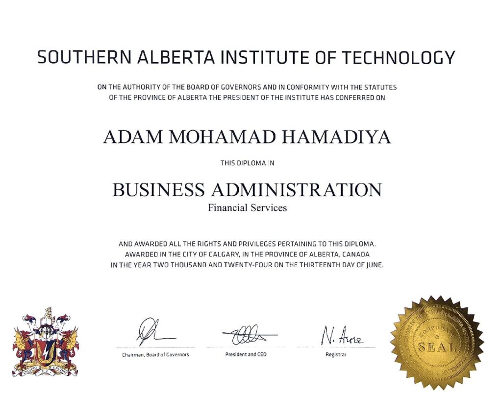 SAIT Business Administration degree certificate