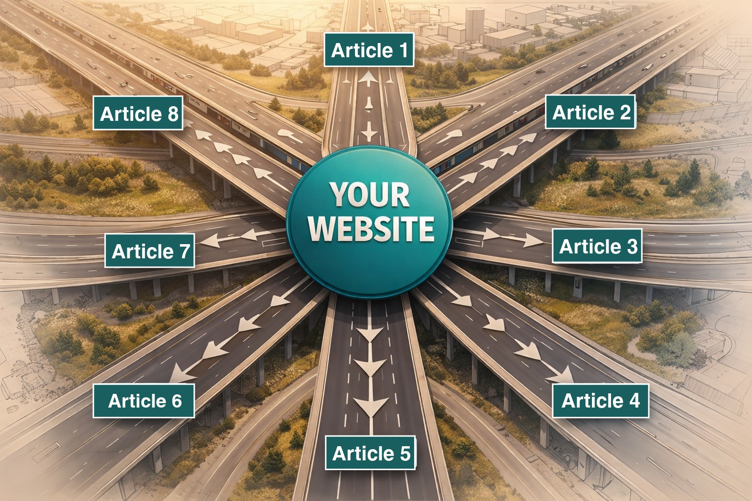 Highway interchange visual showing traffic from Calgary neighborhoods Airdrie, Cochrane, Beltline, Seton, Saddleridge, and Panorama Hills all driving toward a central hub labeled YOUR WEBSITE