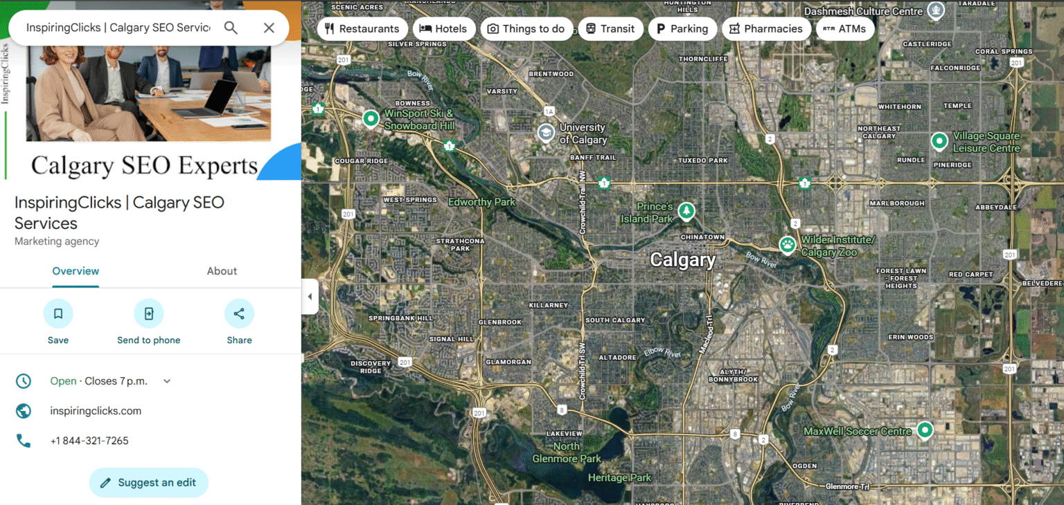 InspiringClicks Calgary SEO Services Google Business Profile showing service area map across Calgary