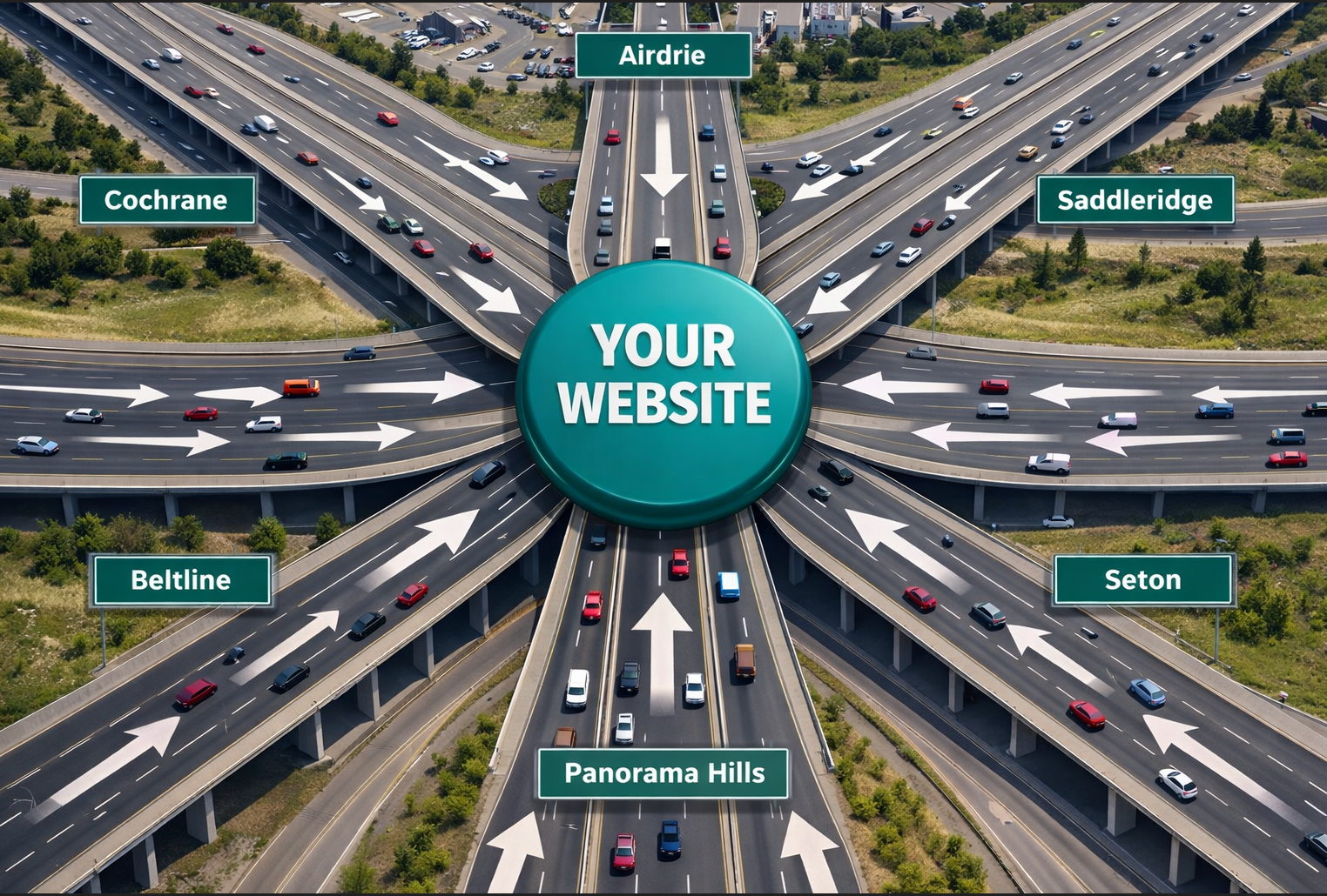 Highway interchange showing 8 blog articles as roads feeding traffic into a central YOUR WEBSITE hub, demonstrating content marketing strategy