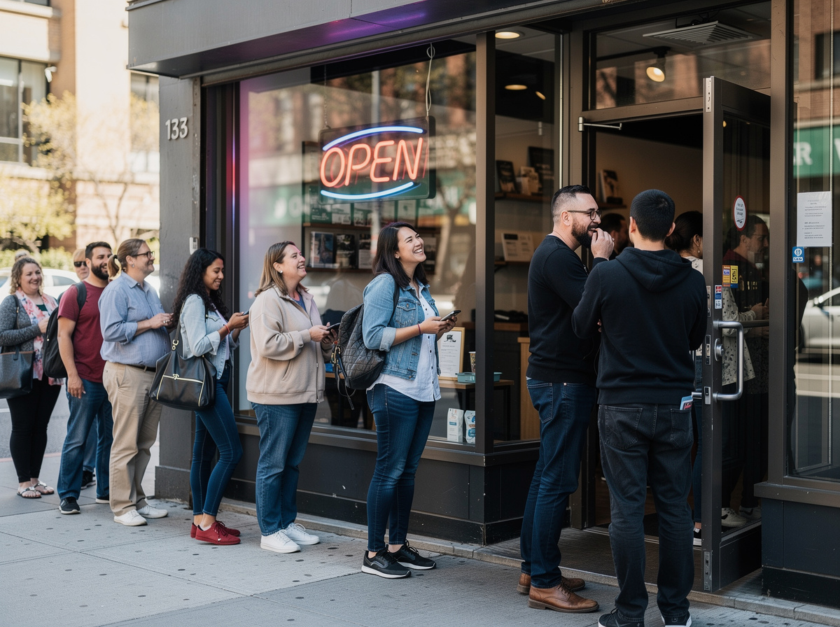 Customers lined up outside a busy storefront with a neon OPEN sign, some chatting and laughing while waiting to enter the shop