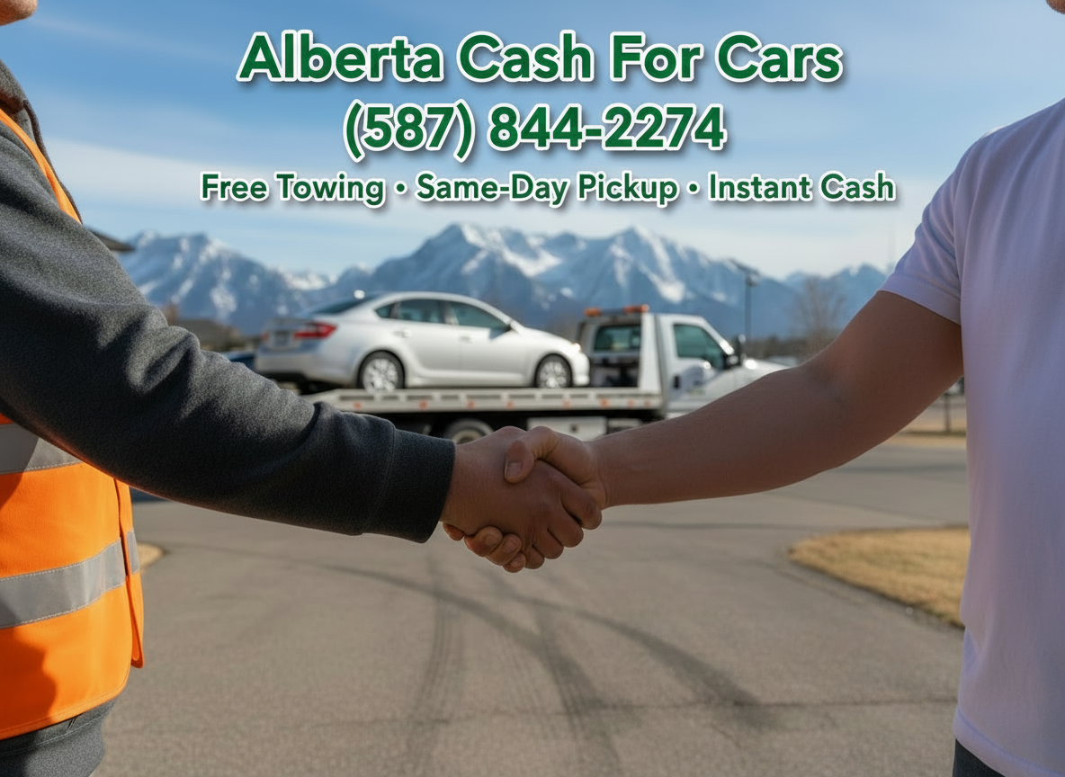 Alberta Cash For Cars completing a vehicle pickup with satisfied customers in Calgary neighborhood