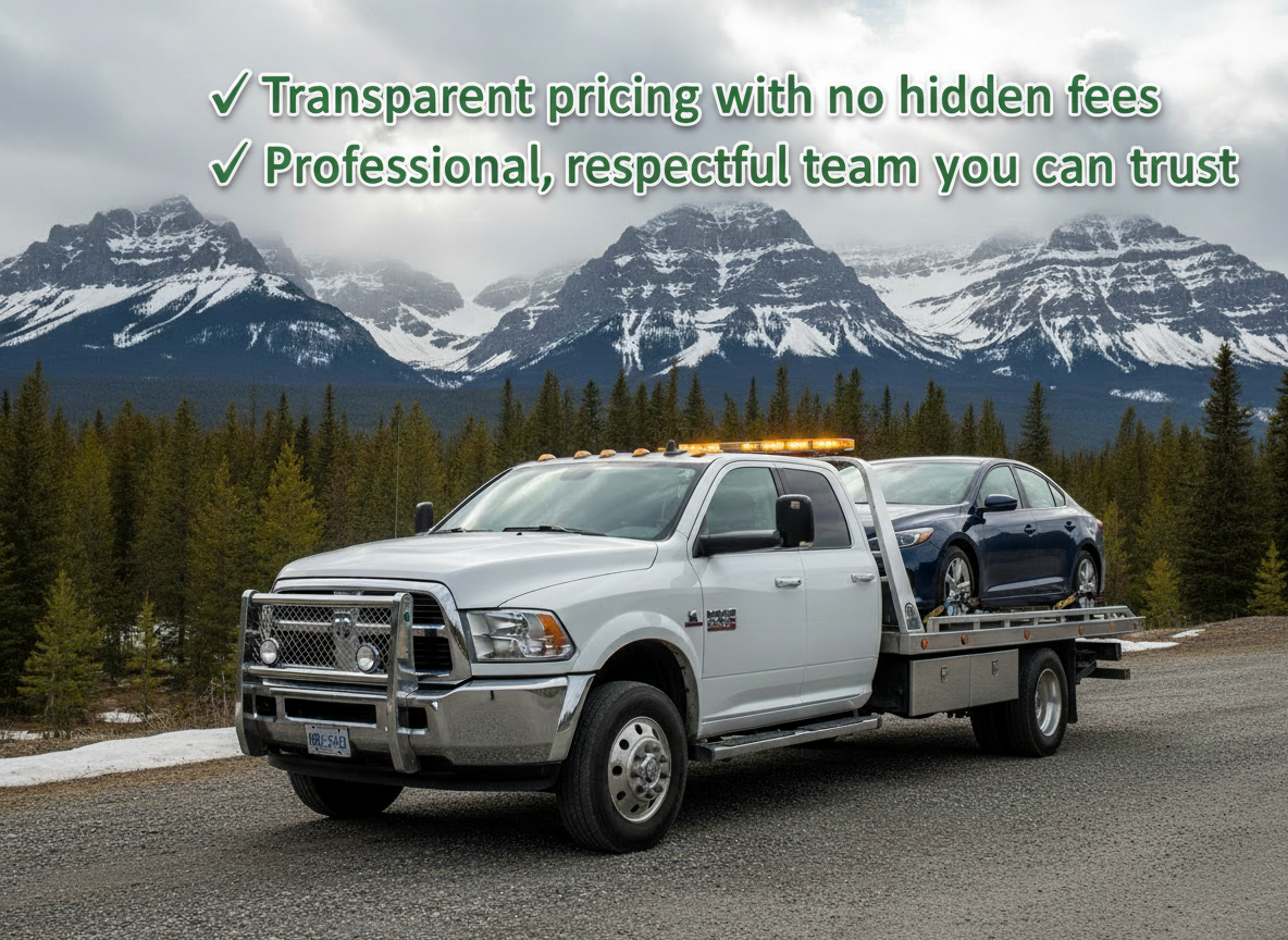 Alberta Cash For Cars white flatbed tow truck with blue sedan loaded, Rocky Mountains in background