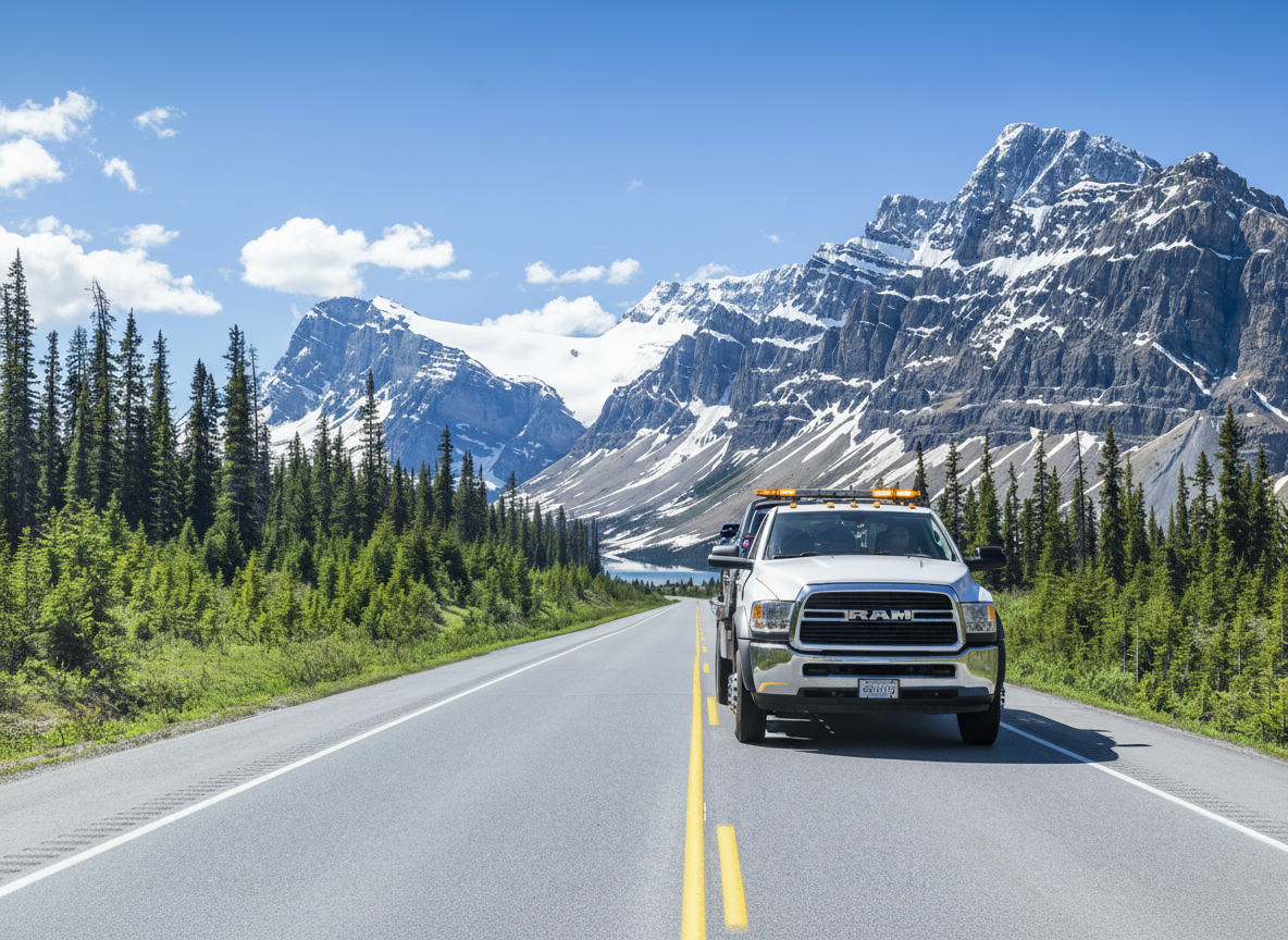Alberta Cash For Cars tow truck driving on Alberta highway toward Rocky Mountains