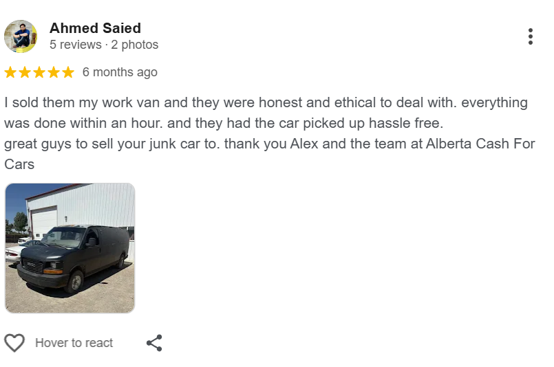 Google review for Alberta Cash For Cars - 5 star rating from satisfied Calgary customer