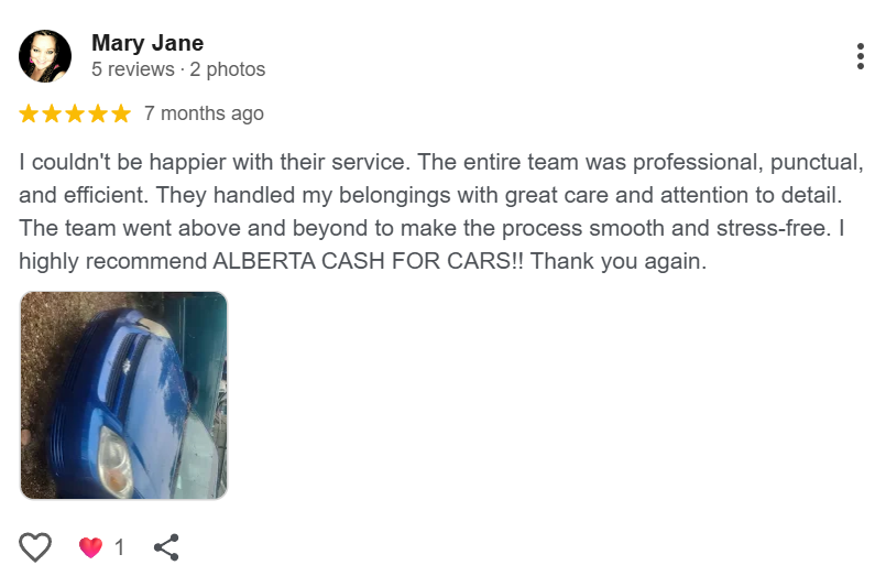 Google review for Alberta Cash For Cars - customer praising transparent pricing and fast pickup
