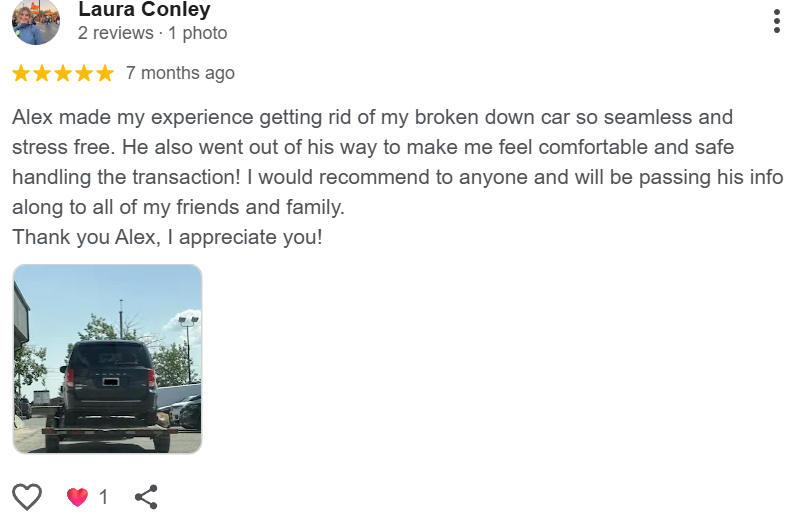 Google review for Alberta Cash For Cars - Alberta customer recommending their professional service