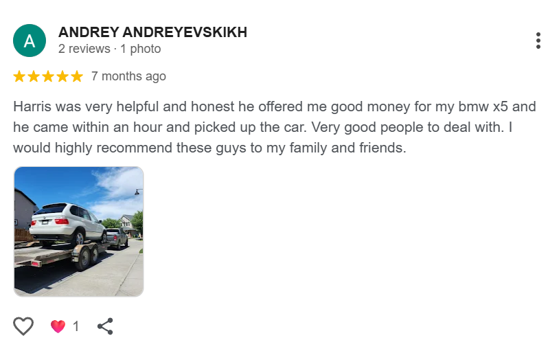 Google review for Alberta Cash For Cars - 5 star review highlighting same-day service