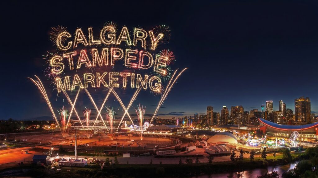 Calgary Stampede fireworks above the Stampede grounds with the words “Calgary Stampede Marketing” glowing in the night sky over downtown Calgary.