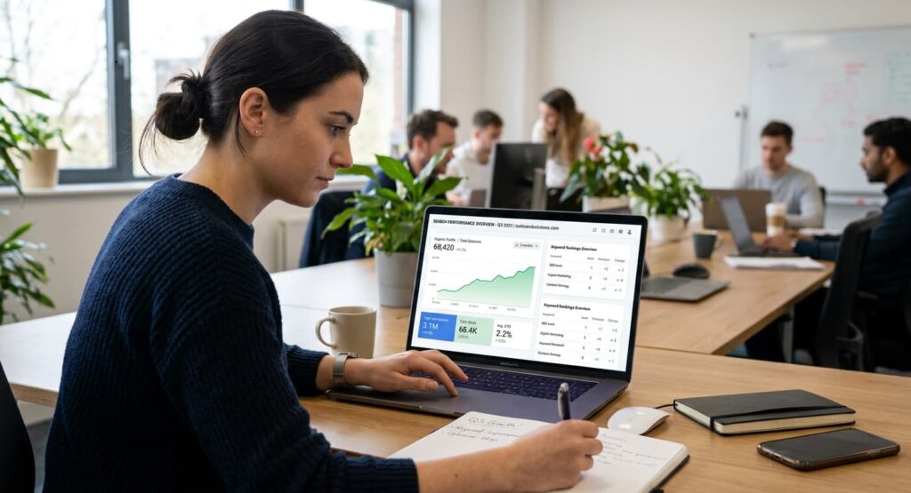 A laptop screen displaying an SEO dashboard with graphs trending upward, keyword rankings, impressions, and clicks, while a person analyzes the data.