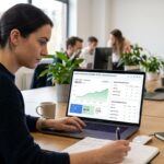 A laptop screen displaying an SEO dashboard with graphs trending upward, keyword rankings, impressions, and clicks, while a person analyzes the data.