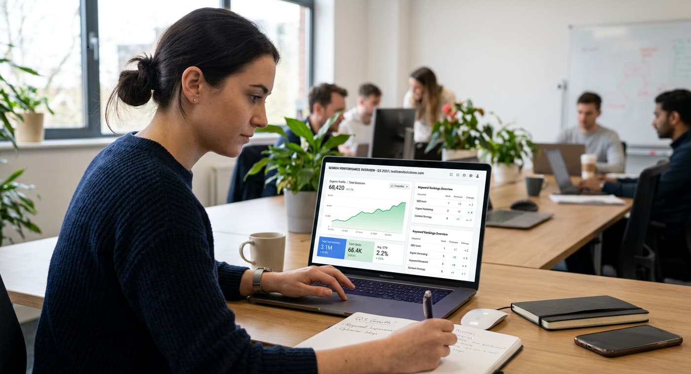 A laptop screen displaying an SEO dashboard with graphs trending upward, keyword rankings, impressions, and clicks, while a person analyzes the data.