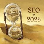 An illustrated hourglass with a Google "G" logo on top and a number one ranking webpage at the bottom, and the words SEO in 2026 on the right side.