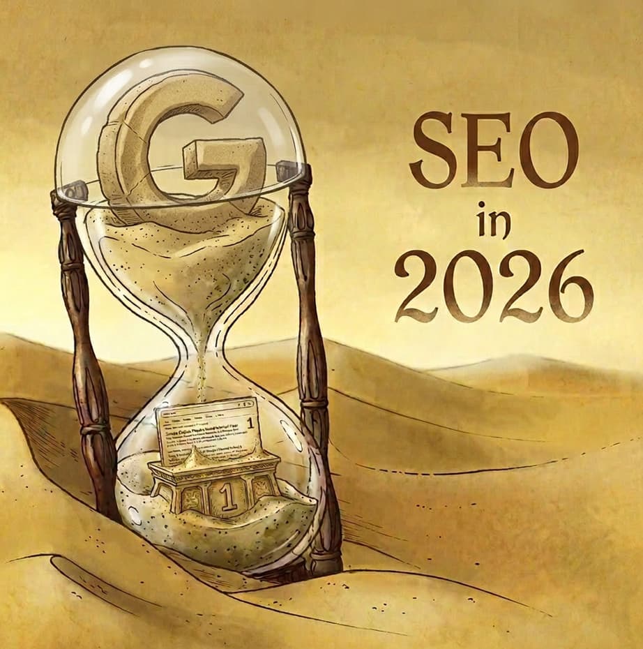 An illustrated hourglass with a Google "G" logo on top and a number one ranking webpage at the bottom, and the words SEO in 2026 on the right side.